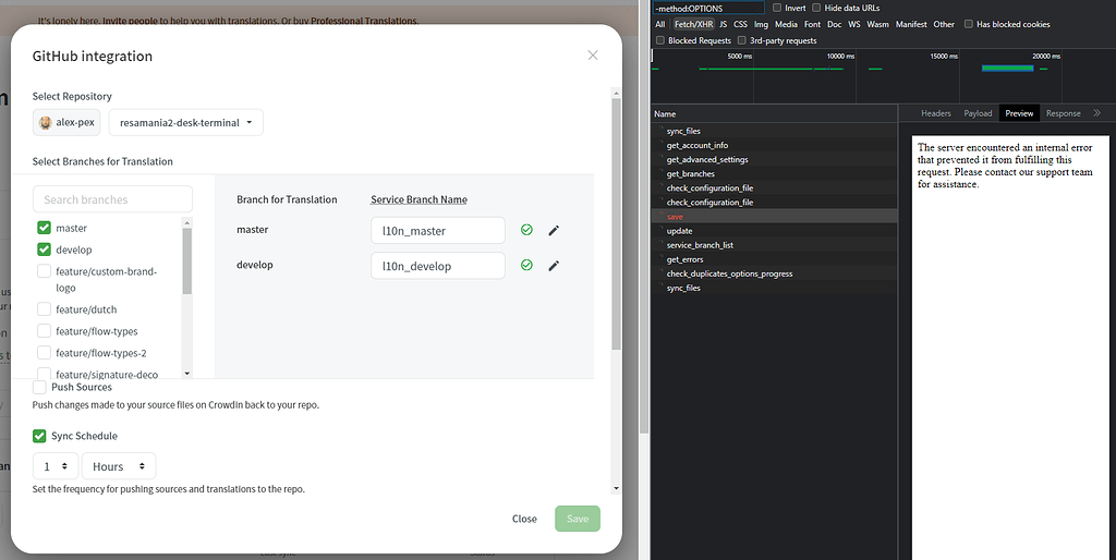 500 error on Github integration change - Crowdin Issues - Crowdin Community